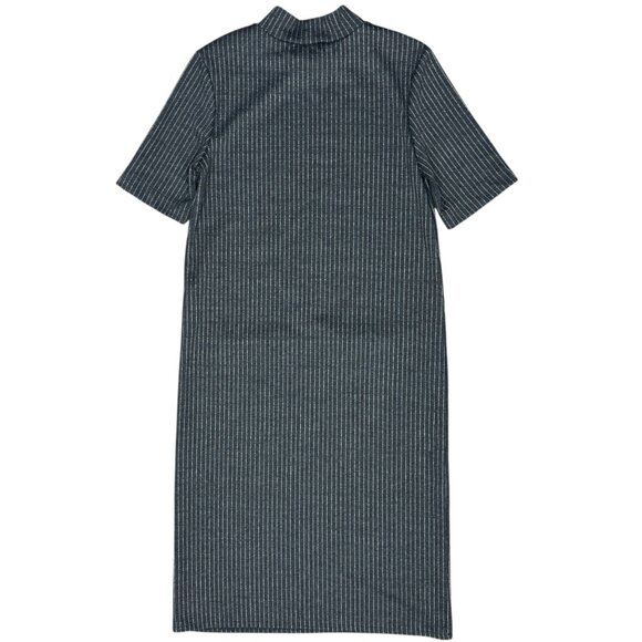 EUC Women's ZARA Mock Neck Midi Shift Dress Charcoal/White Pinstripe | Size S - Picture 4 of 7